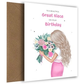 Great Niece Birthday Card - Beautiful Blonde Great Niece with Flowers - Beautiful Card with Lovely Words for 16th, 18th, 20th, 30th, Milestone Bdays
