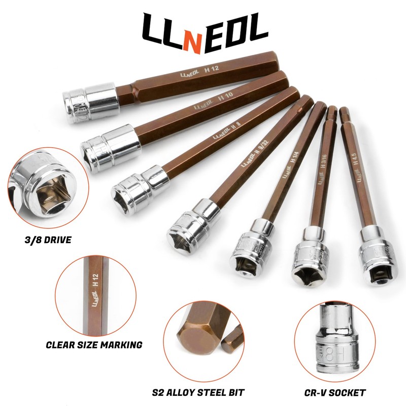 LLNEDL 3/8 Inch Drive Long Allen Hex Bit Socket Set,