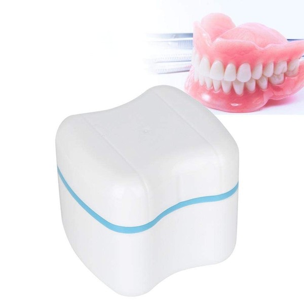 Denture Case, Denture False Teeth Storage Box with Strainer, Denture Cup with Basket Net Container Holder for Travel, Store and Retainer Cleaning(Blue)