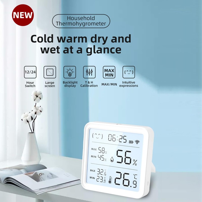 Smart WiFi Temperature Humidity Sensor, Wireless Thermometer Hygrometer, Built-in Clock