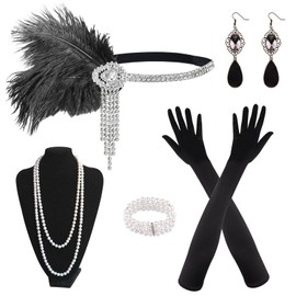 PLULON 8 Pieces 1920s Flapper Great Gatsby Accessories Set Fashion Roaring 20's Theme Set with Headband Headpiece Long Black Gloves Necklace Earrings for Women(Style 3)