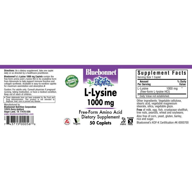 Bluebonnet L-Lysine 1000 Mg 50 Caplets, free-form Amino-Acid, Immune support