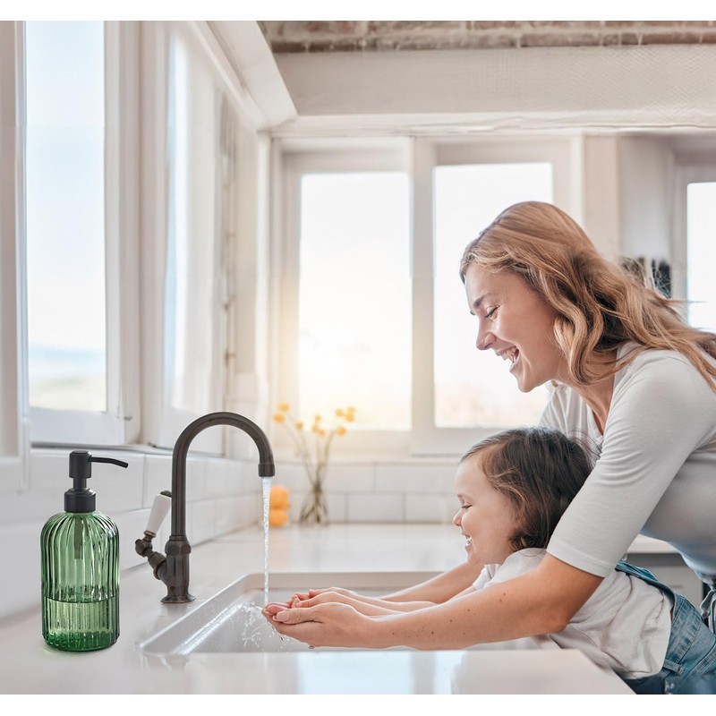 JASAI 18Oz Green Glass Soap Dispenser with Black Rust Proof