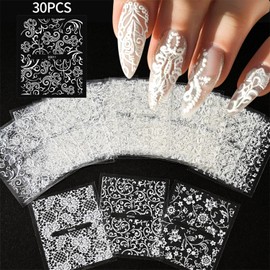 30 Sheet Nail Art Stickers White 3D Self-Adhesive Nail Decals Lace Flower Design Nail Stickers 3D Baroque Floral Spring Summer Nail Supplies for Women Nail Art Manicure Decorations