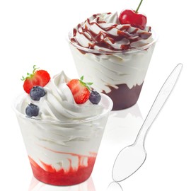 50 Pack 5 oz Plastic Dessert Cups with Spoons, Mini Mousse Cup Round Pudding Cups Party Serving Bowl for Cocktails Appetizers Fruit Parfait and Trifle