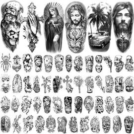 77 Sheets Temporary Tattoos, Chicano Large Fake Tattoos Chicano Guadalupe Gangster Prisoner Day of the Dead, Lowrider Style Culture Mexico Clown Tattoo Sticker for Men Women Adults