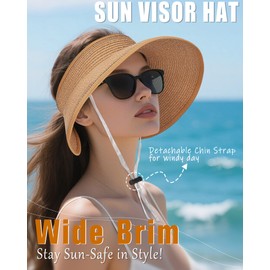 YANIKY Sun Visor Hat for Women, Wide Brim Straw Visors Beach Hat Roll Up Foldable Beach Visors Summer UV Protection (US, Alpha, One Size, Khaki)