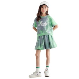 Rolanko 90-160 Children's Clothing, Girls' Setup, Top and Bottom Set, T-Shirt, Skirt, Jersey, Girls, Dance, Everyday Wear, Kindergarten Commute, Summer, green a