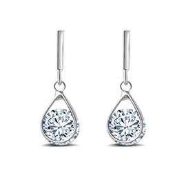 Hypoallergenic Silver Stud Earrings for Women with Hollow Teardrop Dangle Pendant and Simulated Diamond Studded CZ Stones
