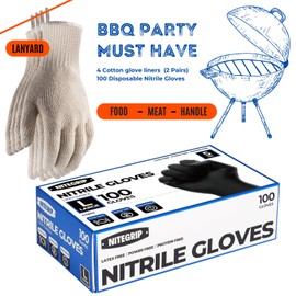 BBQ Gloves Set, 4 Cotton Glove Liners, 100 Disposable Nitrile Gloves, Washable Cotton Liners & Powder Latex Free Nitrile Gloves, Guantes de Nitrilo