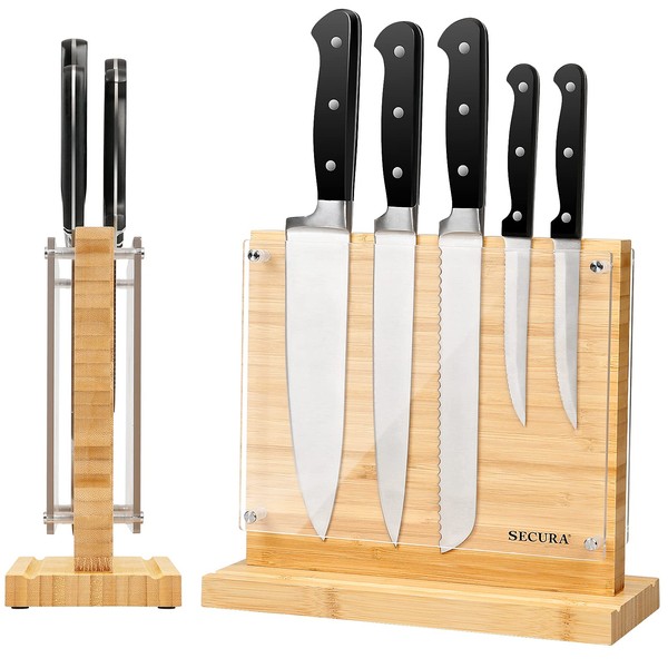Secura Magnetic Knife Block Double Side Knife Holder Bamboo Knife Stand for Kitchen Cutlery Display Rack and Organizer with Acrylic Shield Double Side Storage Strongly Magnetic without Knives,10 inch