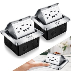 Hoolerry 2 Pack Pop up Floor Outlet Floor Kit Waterproof Electrical Outlet Cover Box with 4.8A USB A & Type C Charge and 20 Amp Tamper Resistant Socket Receptacle for Countertop Office Home (Silver)