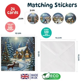 Simply Gifted Charity Christmas Cards Pack of 24 – Christmas Cards Multipack 4 Cute House Design with Envelopes & Stickers-125x125mm Luxury Charity Xmas Cards Festive Seasons Xmas Cards for Loved Ones