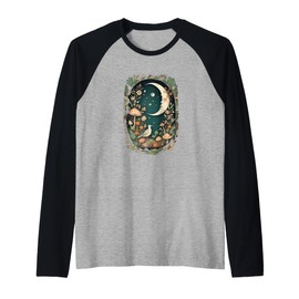 Aesthetic Goblincore and dark Cottagecore Mushroom Moon Bird Raglan Baseball Tee