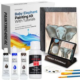 Painting4Real DIY Painting Class Kit for Adults with Video Tutorials: Learn to Paint Baby Elephant – How to Paint with Acrylics – Painting & Art Supplies – 9 Piece Acrylic Paint Set