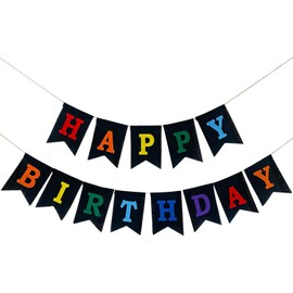 Black Happy Birthday Banner, Preassembled Burlap Colorful Happy Birthday Sign Flags Bunting Garland for Birthday Party Decorations