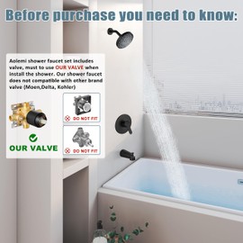 Aolemi Tub Shower Faucet Set With Valve Wall Mount Shower Trim Kit 6 Inch Bathtub Fixtures Pressure Balance Rough-in Valve Single-Spray Shower Head System 5.3 Inch Tub Spout Matte Black Modern