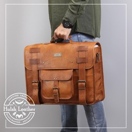 HULSH Spacious Tan Leather Messenger Bag for Men, Large, 17 Inch Laptop, Vintage Look, Handmade, 3 Sections, 5 Liters, 5 Pockets, TSA Compliant