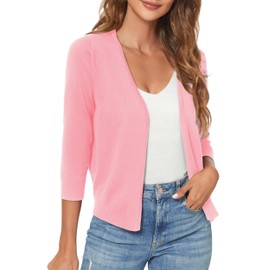 Urban CoCo Women's 3/4 Sleeve Open Front Cropped Sweater Cardigan (Pink, l)