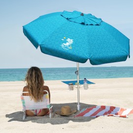 AMMSUN Beach Umbrella with Sand Anchor & Table Tray, Portable Heavy Duty 6.5ft Sun Outdoor Umbrella, UV 50+ Protection, Carry Bag for Beach, Patio, Pool and Garden, Sky Blue Paint