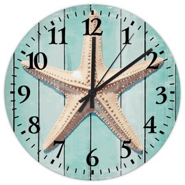 Minimalist Wood Clock Non-Ticking Quartz Battery Nautical Beach Ocean Theme Underwater Starfish Farmhouse Wood Clocks Sea Animal Turtle Octopus Crab Wooden Wall Decor for New Home Hotel Gym 15"