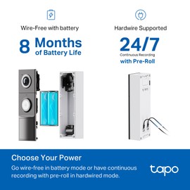 Tapo by TP-Link Smart Video Doorbell Camera with Chime, Battery or Wired, 2K QHD Color Night Vison, No Monthly Fee, 180° Ultra-Wide Head-to-Toe View, Ring Call, Free AI Detection, Local Storage (D225)