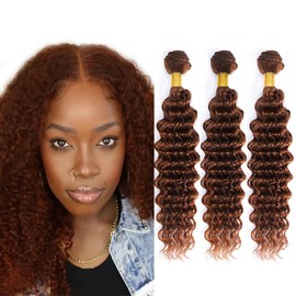 Auburn Bundles Human Hair Brown Deep Curly Bundle Reddish Brown Deep Wave Human Hair Bundles 12 14 16 Inch Unprocessed Brazilian Remy Hair Extensions Loose Wave Bundle Hair Weave