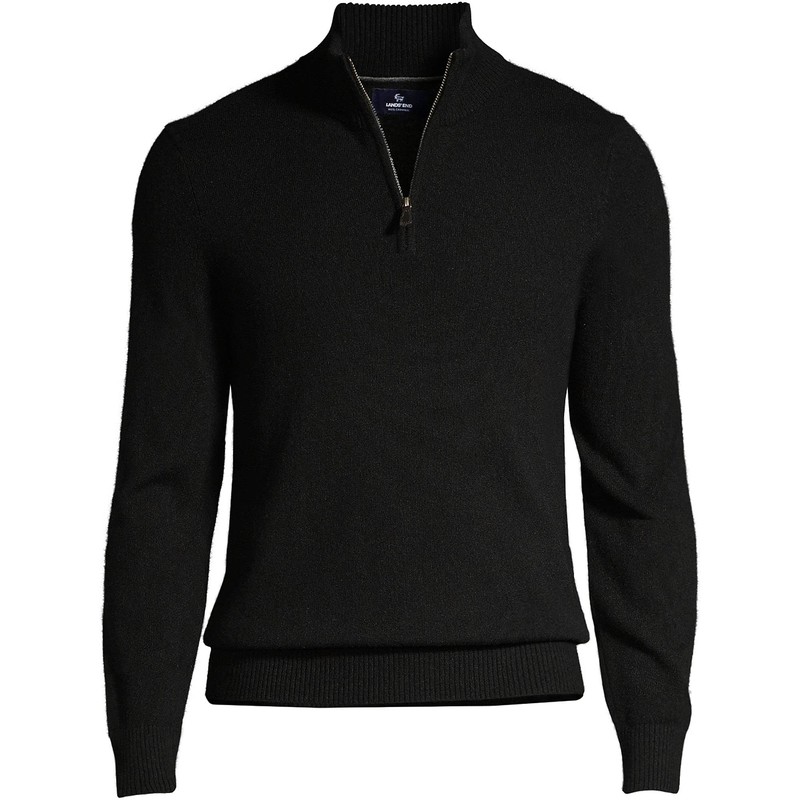 Lands' End Mens Fine Gauge Cashmere Quarter Zip Black Regular