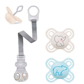 MAM Perfect Start Mini Dummy Set of 2, 0-2 Months Especially for Newborns, Breastfeeding-Friendly, Dento-Flex, for Healthy Mouth Development, Extra Thin, Snuller Box + NIP Dummy Strap with Clip
