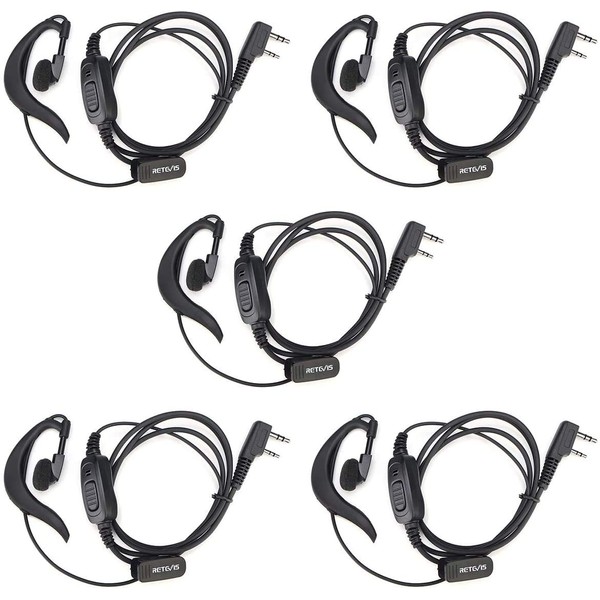 Retevis RT21 Two Way Radio Earpiece with Mic, Big PTT, Compatible RT22 RT21 H-777 RT68 RT22S H-777S RT19 pxton Walkie Talkie, G-Type Soft Earhook Walkie Talkie Earpiece 2 Pin(5 Pack)