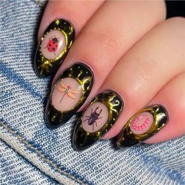 Almond Press on Nails Spring Insect Design Fake Nails Glossy Medium Length Black Solid Color False Nails Cute Butterfly Dragonfly Acrylic Nails 24Pcs French Glue on Nails for Manicure Decor