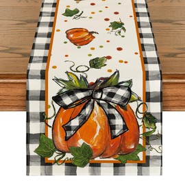 Artoid Mode Pumpkin Bow Buffalo Plaid Fall Table Runner,Seasonal Autumn Kitchen Dining Table Decoration for Home Party Decor 13x90 Inch