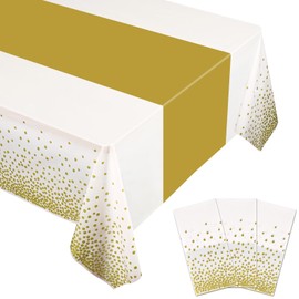 BokingOne 3 Pack White and Gold Plastic Tablecloth, 54 inch x108 inch Rectangular Disposable Table Cover for Graduation Party, New Years Decorations, Restaurant, Birthdays Decoration, Wedding Party