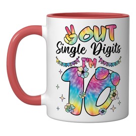 10 Year Old Out Single Digits I'm 10 Tie Dye Brithday Girls Ceramic Mug, Red/White