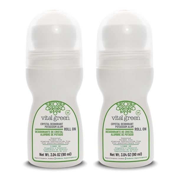 Vital Green - Desodorante Natural de Piedra Cristal de Alumbre de Potasio Sin Alcohol. Elimina El Olor y No Mancha, Presentación roll on 90 ml - 3 fl oz (2 Unidades)