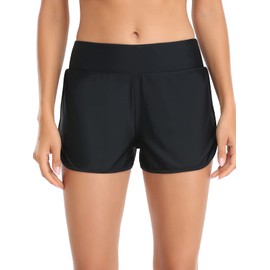Colloyes Women's Black High Waisted Swim Board Shorts Swimsuit Quick Dry Beach Shorts for Women with Liner Size Small