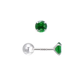 4MM Small Cubic Zirconia Studs Screw Backs Sterling Silver Earrings for Women, Emerald Green