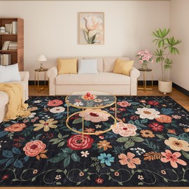 DUKINO 9x12 Area Rug, Floral Rugs for Living Room, Lightweight Non Slip Washable Rug, Indoor Low Pile & Non-Shedding Boho Design Rugs for Bedroom, Living Room, Dining Room, Black