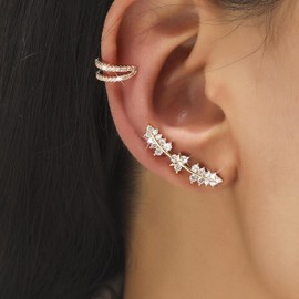 Aonklot Leaf Ear Cuff Earrings for Women - Non Piercing Rhinestone Ear Cuffs - Metal - 925 - 1 Pair