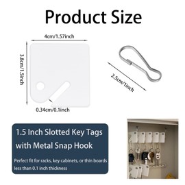 100Pcs Key Tags, White Plastic Key Tags with Metal Snap Hooks 1.5 Inch Square Hanging Tags for Slotted Key Cabinet Boxes Lockers Home Offices Frosted Item Identifier