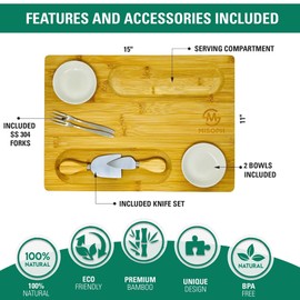 PandPal Bamboo Cheese Board with Knife, Bowl, Fork Set, Wood Charcuterie Platter & Food Serving Tray for Wine Glasses, Misoph Collection