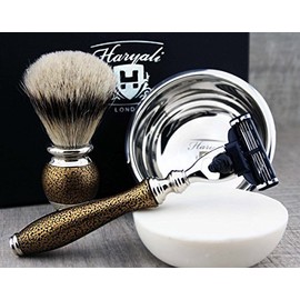 Haryali Golden Antique Men's Shaving Set 3 Edge Razor, Silver Badger Shaving Brush, Shaving Bowl, Shaving Soap and Alum Pen