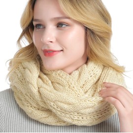 QUEENFUR Winter Women Thick Cable Knit Ribbed Infinity Circle Loop Scarf Matches with Beanies (Beige)