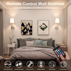 Battery Wall Sconces Set of Two, Rechargeable Sconces with Remote, Dimmable&RGB Wireless Lights for Wall Indoor, Detachable Bulbs,White Shade,Wireless Wall Lamps for Bedroom Living Room,Brushed Nickel