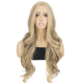 onemily Long Blonde Wig with Brown Highlights for Women Long Wavy Synthetic Wig Middle Part Ash Blonde Wigs For Daily Party Cosplay Costume