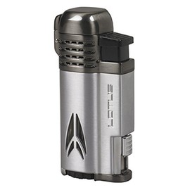 Lotus Defiant Cigar Lighter with Quad Pinpoint Torch Flames, Single Action Ignition, All Metal Housing, Retractable 10 mm Cigar Punch, Large Flame Adjuster (Chrome & Dark Gunmetal)