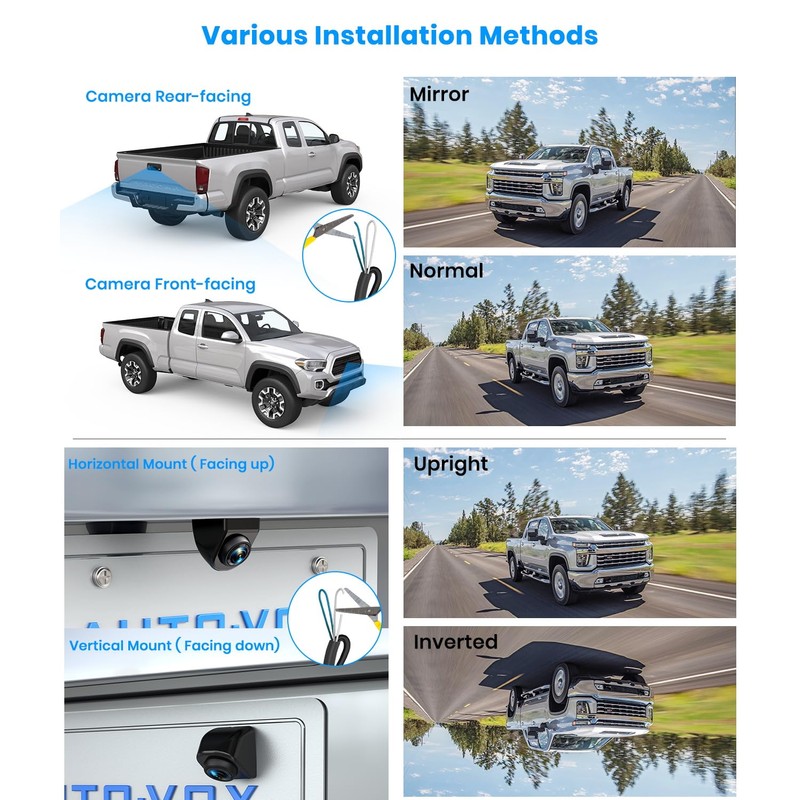 AUTO-VOX 180° Front/Backup Camera, OEM Mini Style, Screw-Free Easy Install,
