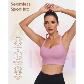 As Fariy Women's Cloud Longline Sports Bra Scoop Neck Spaghetti Straps Training Bra Yoga Crop Tank Top, pink