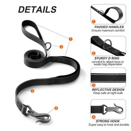 TwoEar 4FT 1IN Strong Black Dog Leash with 2 Padded Handles, Traffic Handle Extra Control, Comfortable Soft Dual Handle, Auto Lock Hook, Reflective Walking Lead for Small Medium and Large Dogs