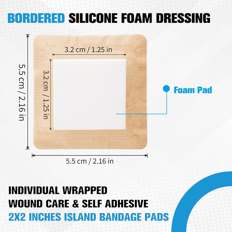 10 Pack Silicone Foam Dressing with Border, 2x2 Inch Bandage